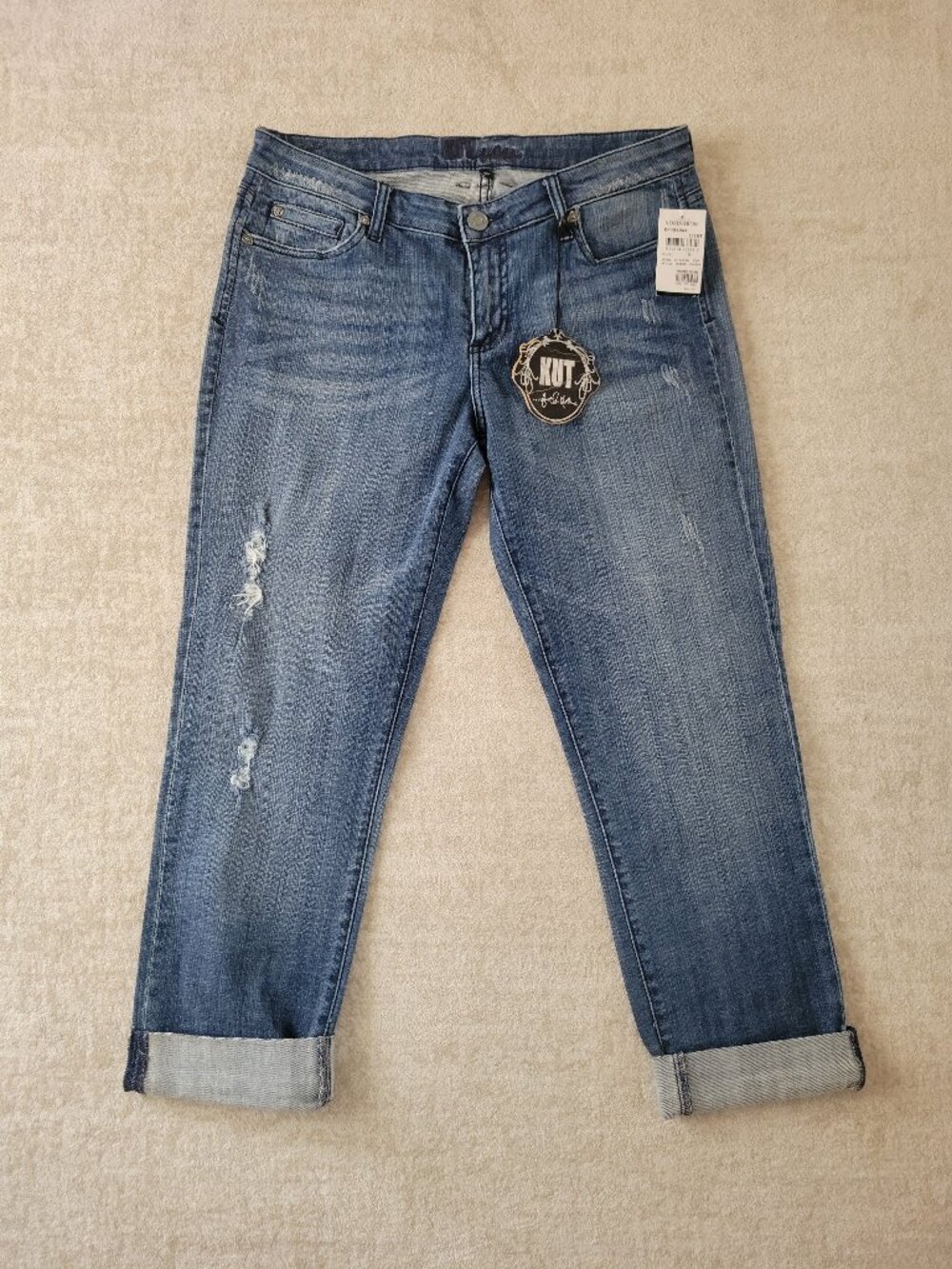 KUT from the Kloth Catherine Boyfriend Jeans Distressed Blue 10 Womens Boho NWT